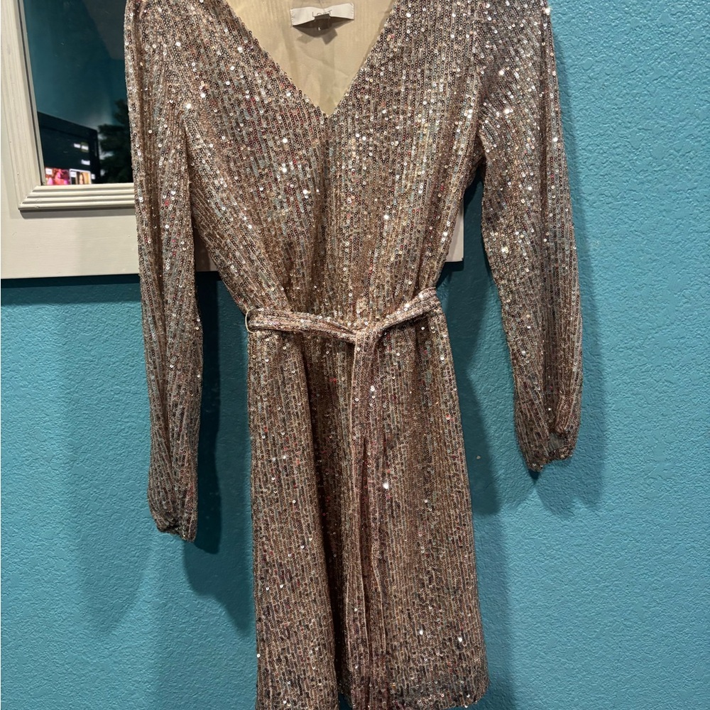 LOFT Sparkling Gold Long Sleeve Dress